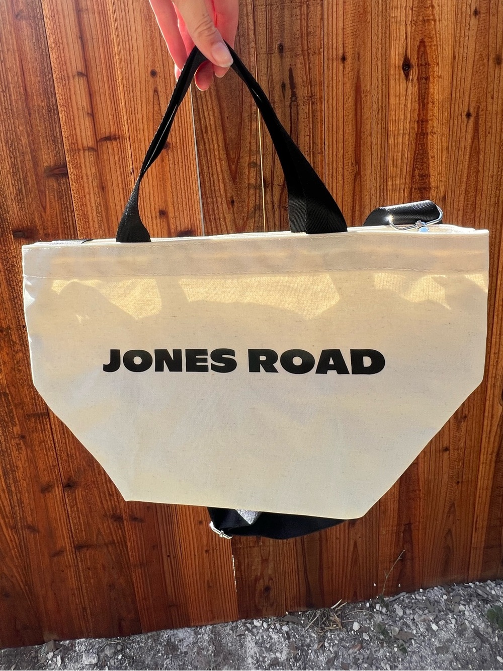 Jones Road Cream Canvas Tote with Black Handles and Logo